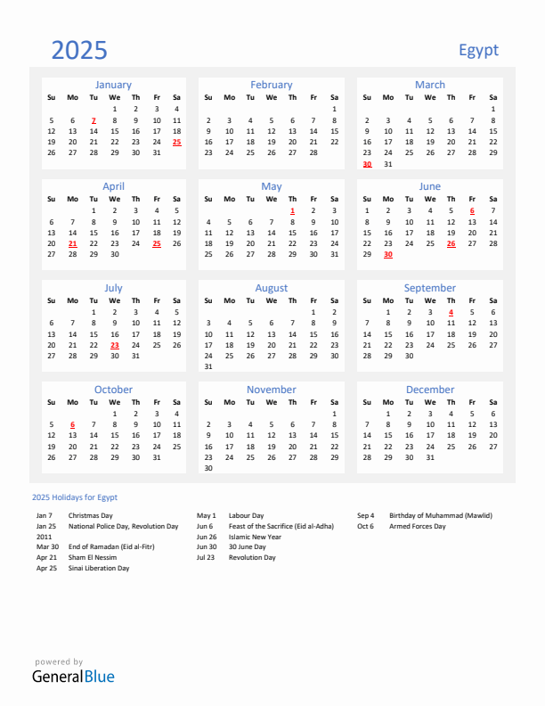 Basic Yearly Calendar with Holidays in Egypt for 2025 