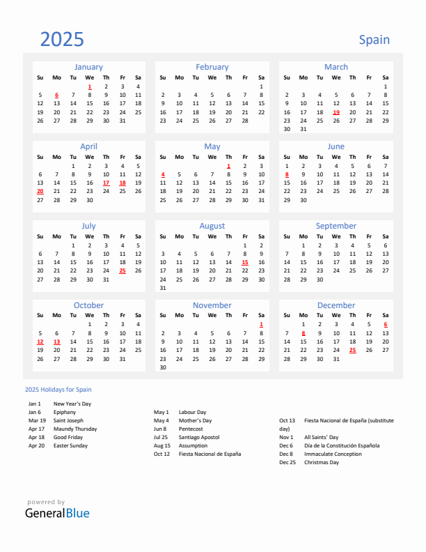 Basic Yearly Calendar with Holidays in Spain for 2025