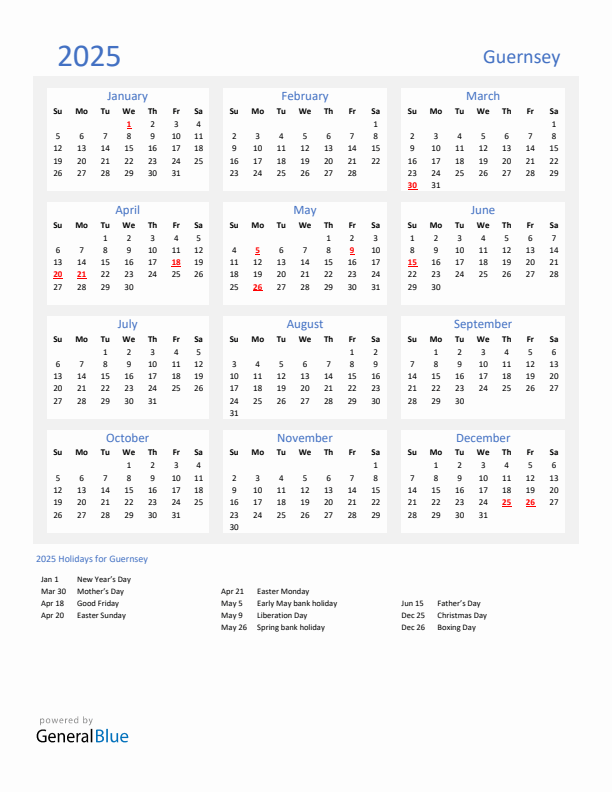 Basic Yearly Calendar with Holidays in Guernsey for 2025
