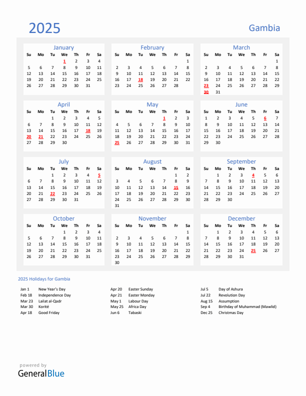 Basic Yearly Calendar with Holidays in Gambia for 2025 