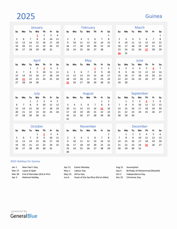 Basic Yearly Calendar with Holidays in Guinea for 2025 