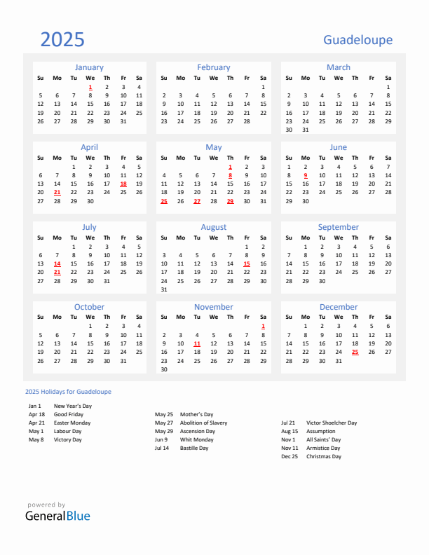 Basic Yearly Calendar with Holidays in Guadeloupe for 2025