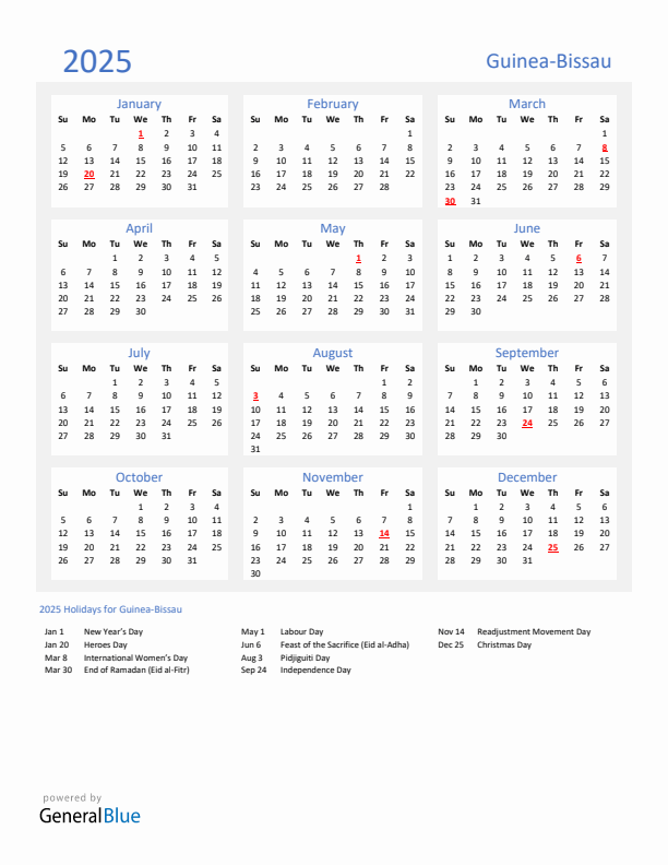 Basic Yearly Calendar with Holidays in Guinea-Bissau for 2025 