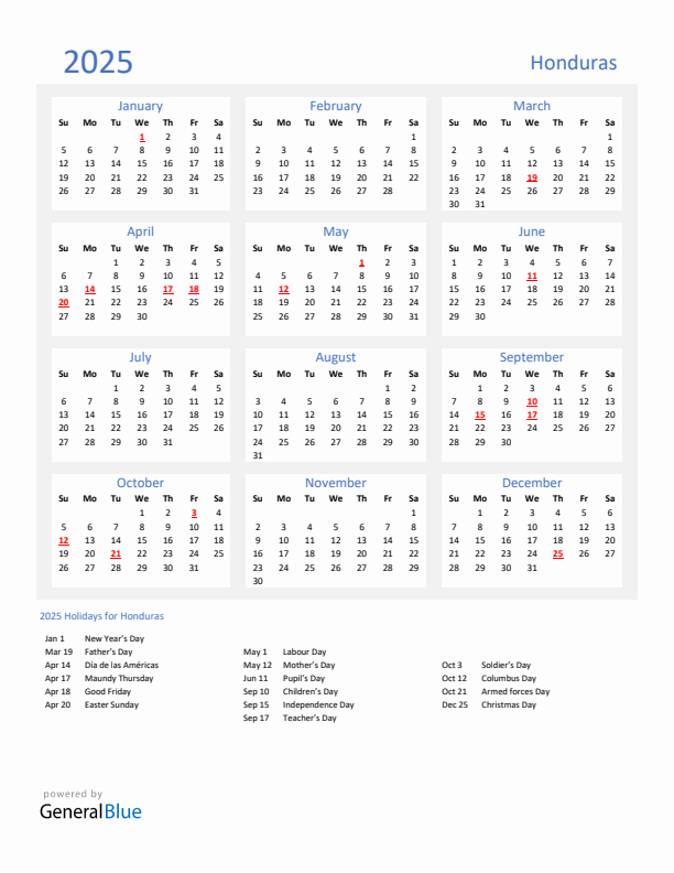 Basic Yearly Calendar with Holidays in Honduras for 2025
