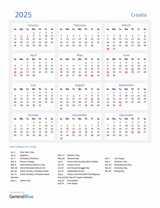 Basic Yearly Calendar with Holidays in Croatia for 2025