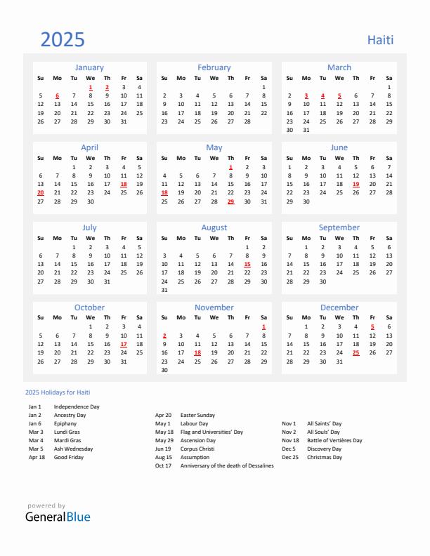 Basic Yearly Calendar with Holidays in Haiti for 2025