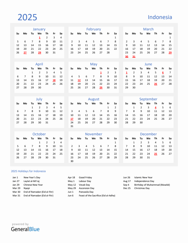 Basic Yearly Calendar with Holidays in Indonesia for 2025 