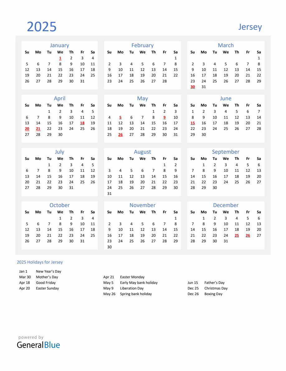 Basic Yearly Calendar with Holidays in Jersey for 2025