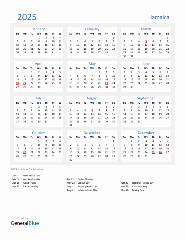 Basic Yearly Calendar with Holidays in Jamaica for 2025