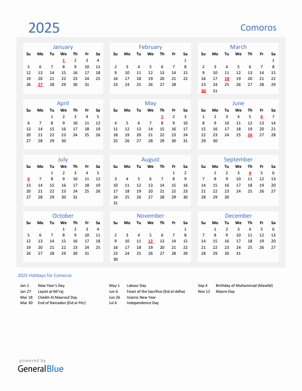 Basic Yearly Calendar with Holidays in Comoros for 2025 