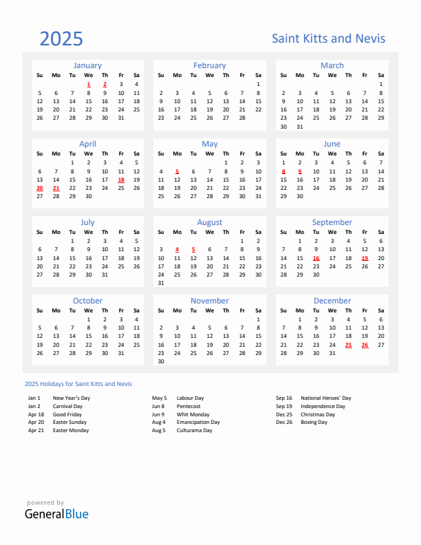 Basic Yearly Calendar with Holidays in Saint Kitts and Nevis for 2025 