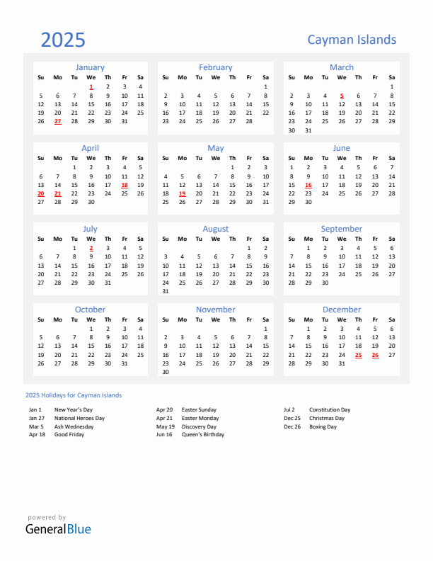 Basic Yearly Calendar with Holidays in Cayman Islands for 2025 