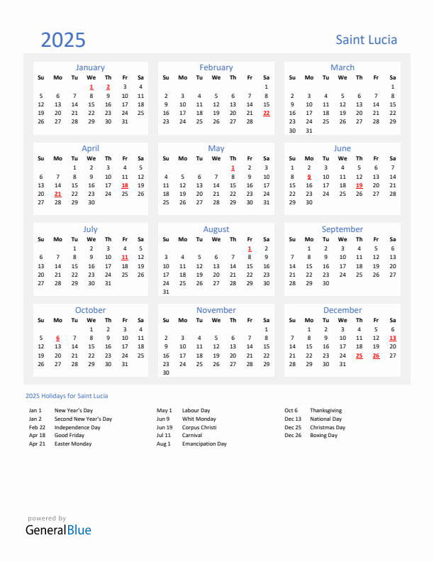 Basic Yearly Calendar with Holidays in Saint Lucia for 2025 