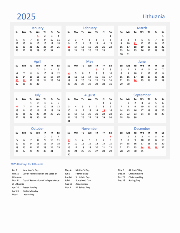 Basic Yearly Calendar with Holidays in Lithuania for 2025 