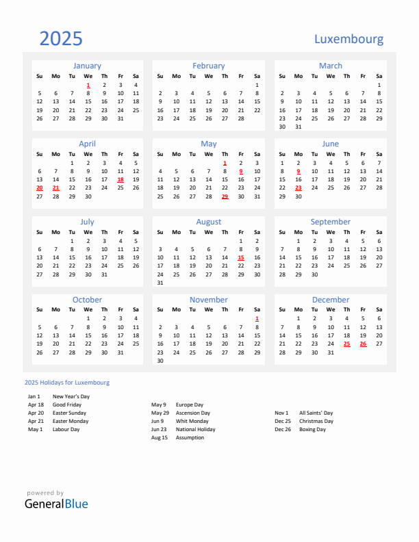 Basic Yearly Calendar with Holidays in Luxembourg for 2025
