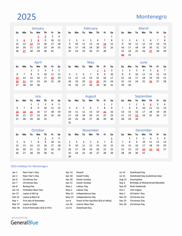 Basic Yearly Calendar with Holidays in Montenegro for 2025 