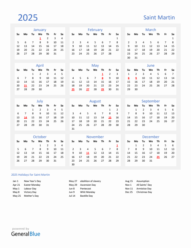 Basic Yearly Calendar with Holidays in Saint Martin for 2025 