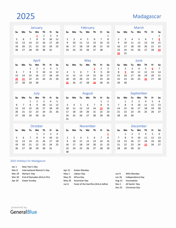 Basic Yearly Calendar with Holidays in Madagascar for 2025