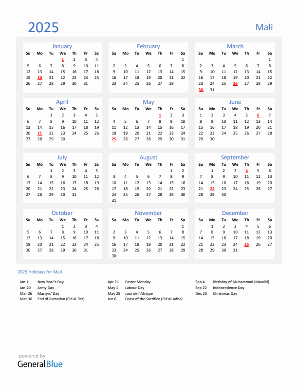 Basic Yearly Calendar with Holidays in Mali for 2025 
