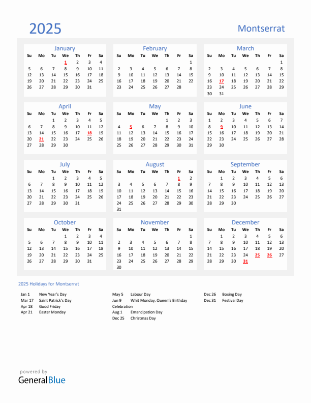 Basic Yearly Calendar with Holidays in Montserrat for 2025 