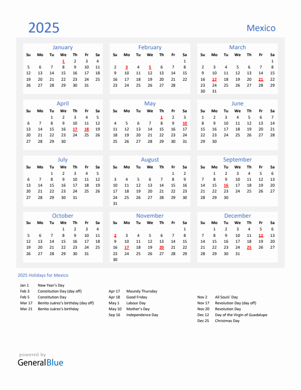 Basic Yearly Calendar with Holidays in Mexico for 2025