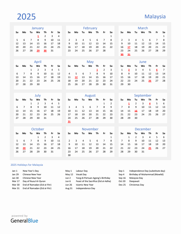 Basic Yearly Calendar with Holidays in Malaysia for 2025 