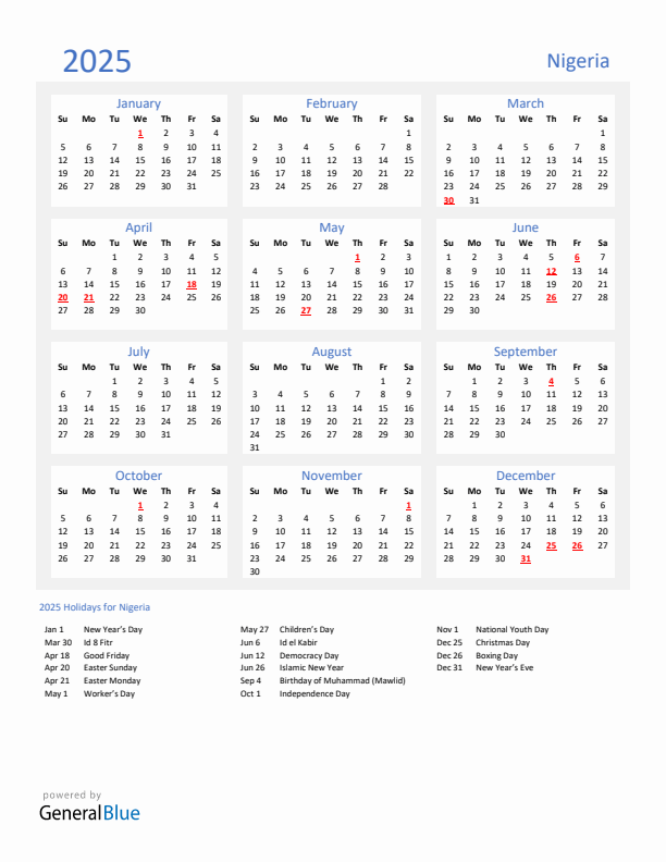 Basic Yearly Calendar with Holidays in Nigeria for 2025 