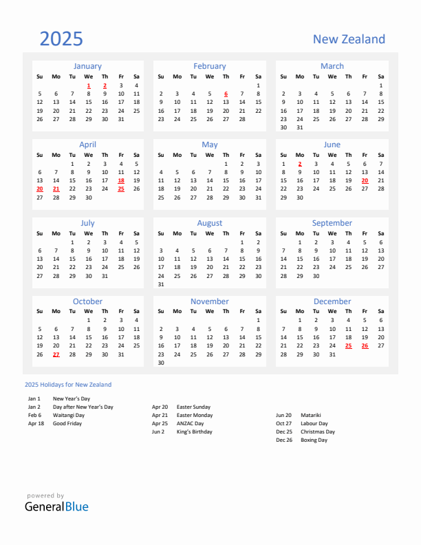 Basic Yearly Calendar with Holidays in New Zealand for 2025