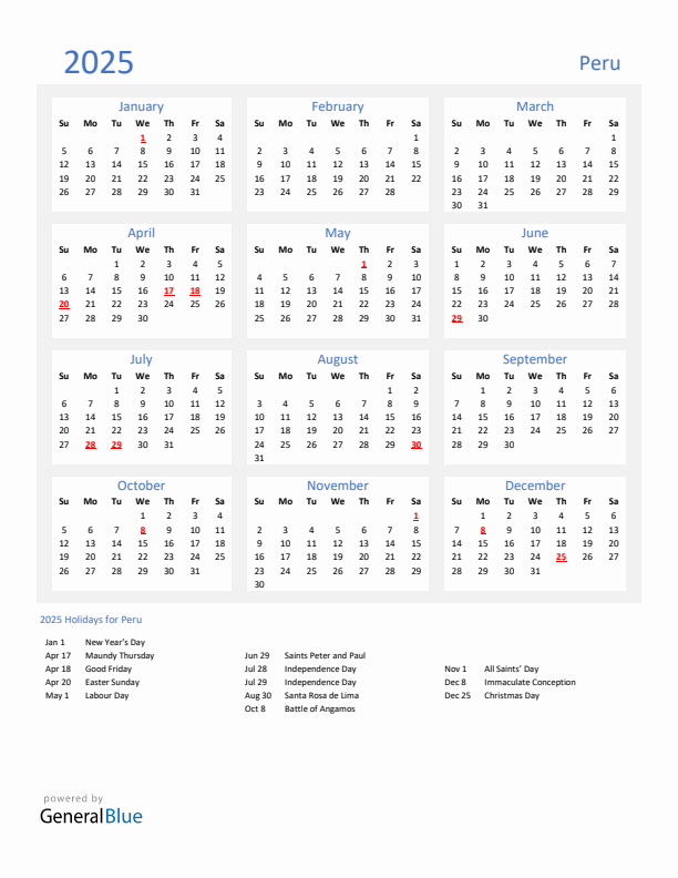 Basic Yearly Calendar with Holidays in Peru for 2025