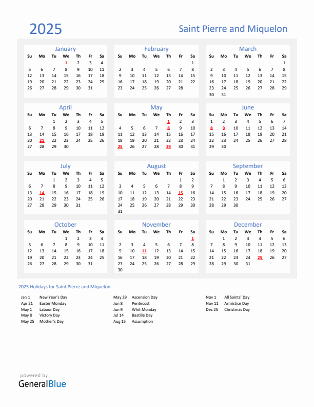 Basic Yearly Calendar with Holidays in Saint Pierre and Miquelon for 2025 