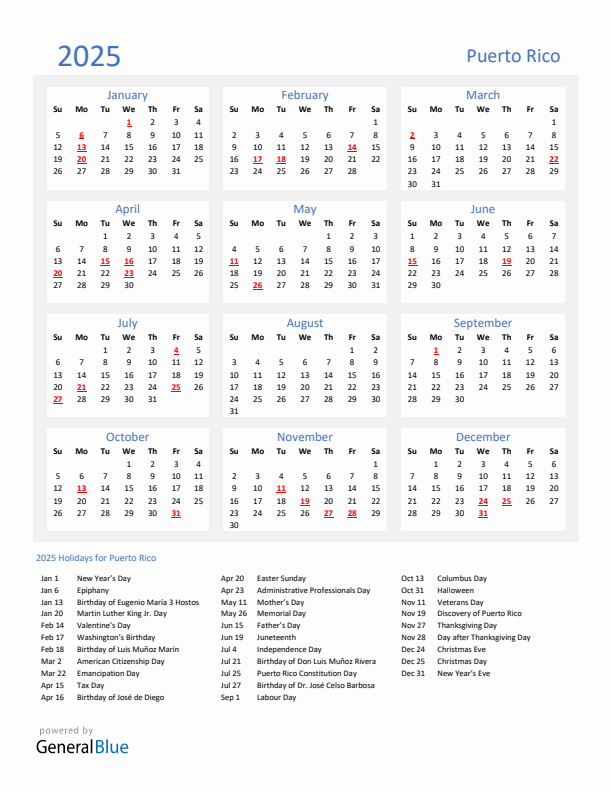 Basic Yearly Calendar with Holidays in Puerto Rico for 2025 