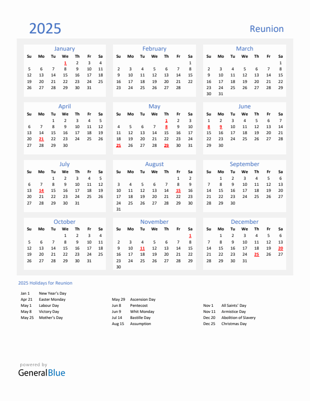 Basic Yearly Calendar with Holidays in Reunion for 2025
