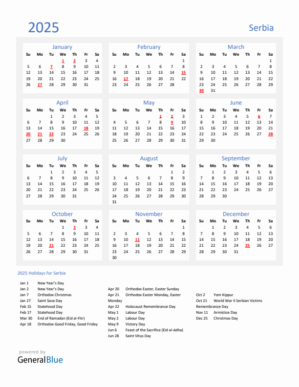 Basic Yearly Calendar with Holidays in Serbia for 2025