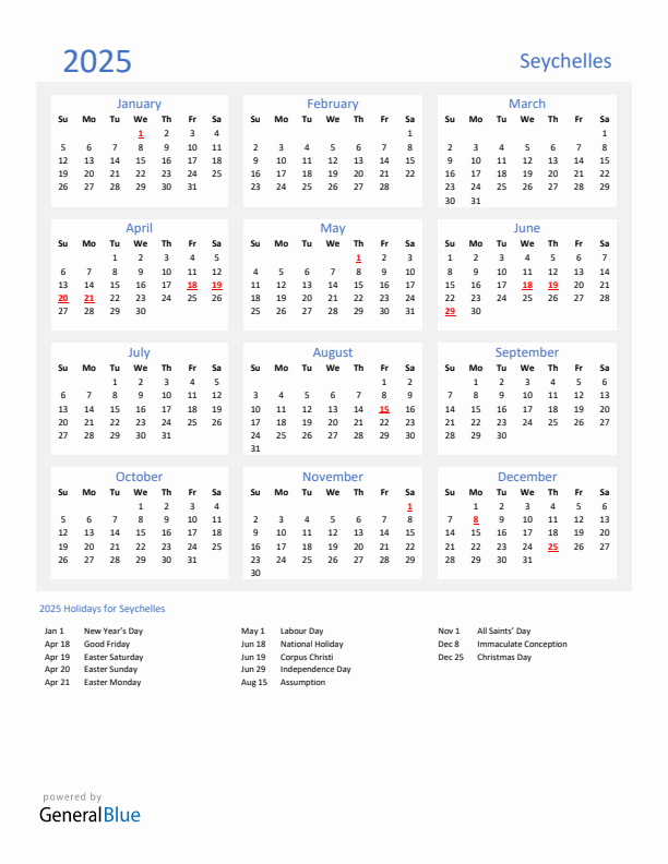 Basic Yearly Calendar with Holidays in Seychelles for 2025 