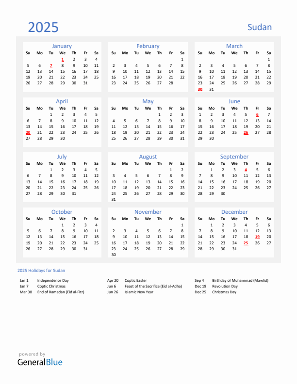 Basic Yearly Calendar with Holidays in Sudan for 2025 