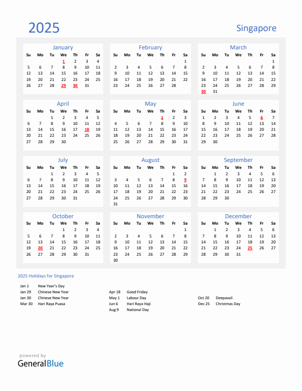 Singapore 2025 Calendar with Holidays