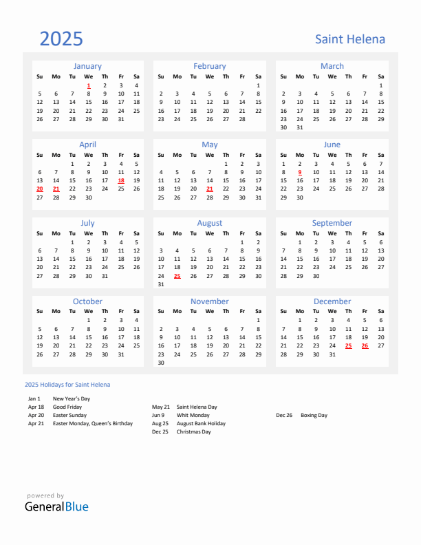 Basic Yearly Calendar with Holidays in Saint Helena for 2025