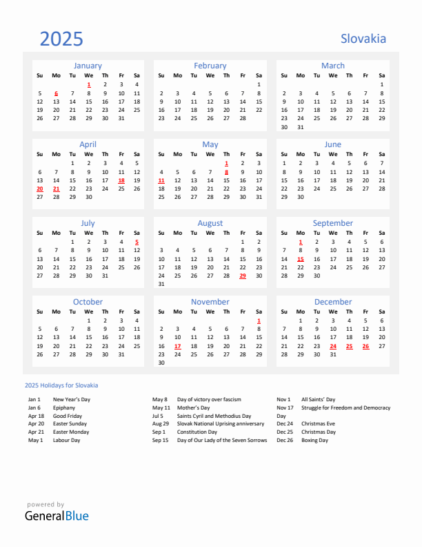 Basic Yearly Calendar with Holidays in Slovakia for 2025