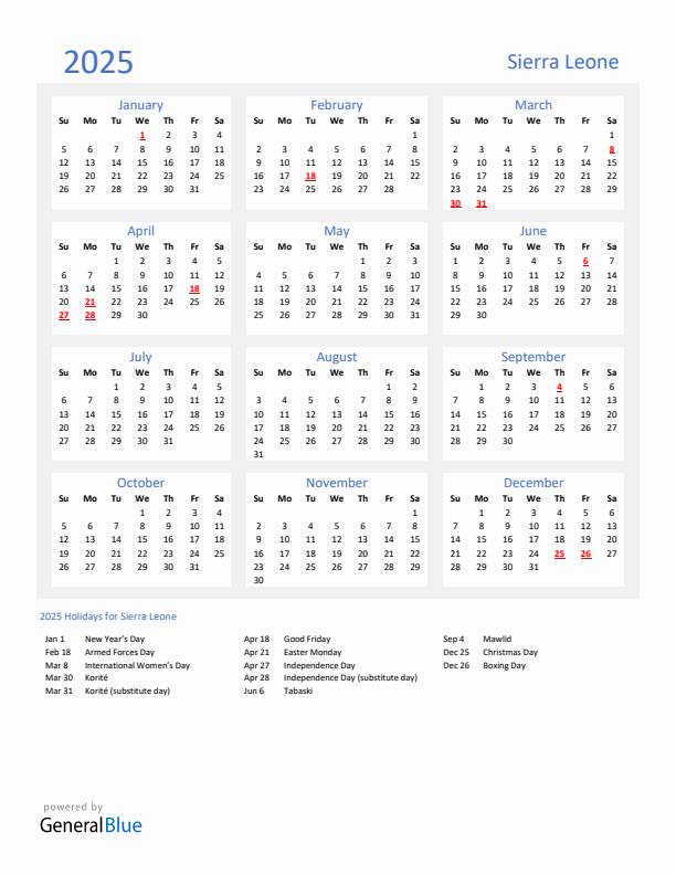 Basic Yearly Calendar with Holidays in Sierra Leone for 2025 