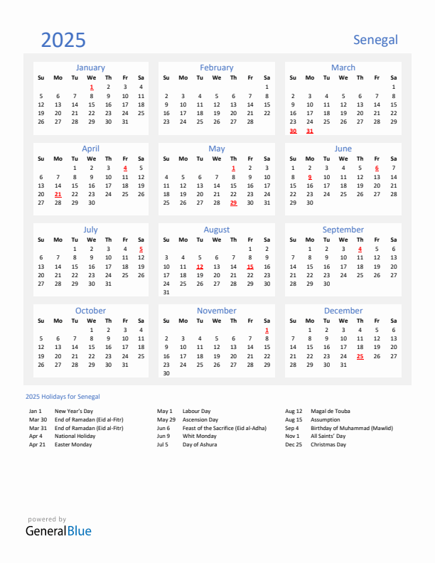 Basic Yearly Calendar with Holidays in Senegal for 2025 