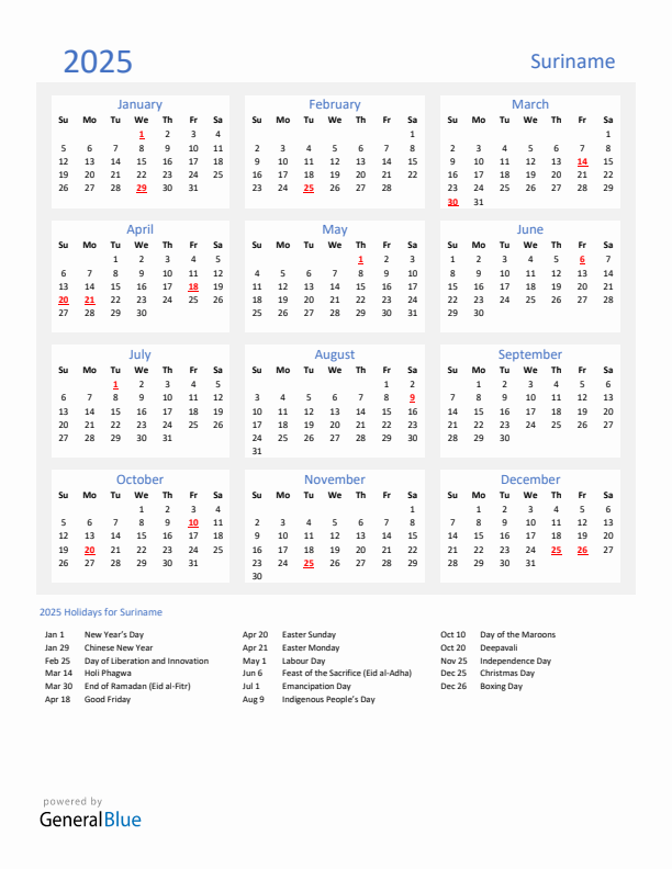Basic Yearly Calendar with Holidays in Suriname for 2025 
