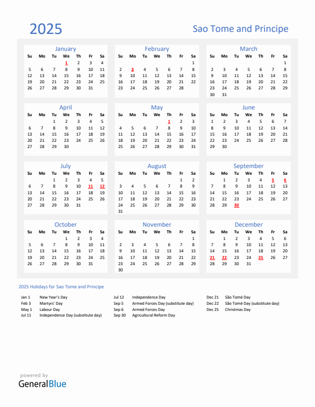 Basic Yearly Calendar with Holidays in Sao Tome and Principe for 2025 