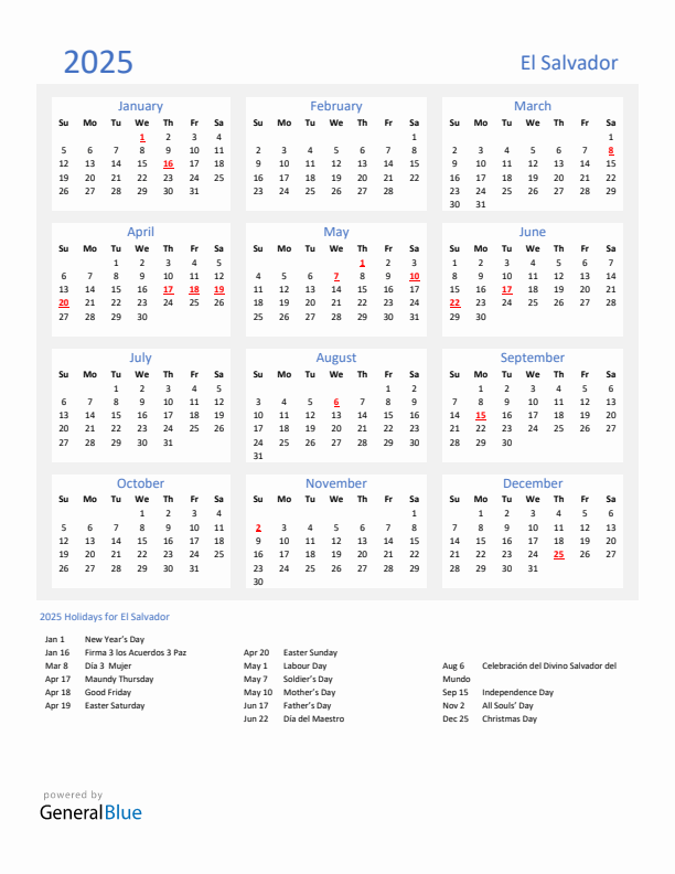 Basic Yearly Calendar with Holidays in El Salvador for 2025
