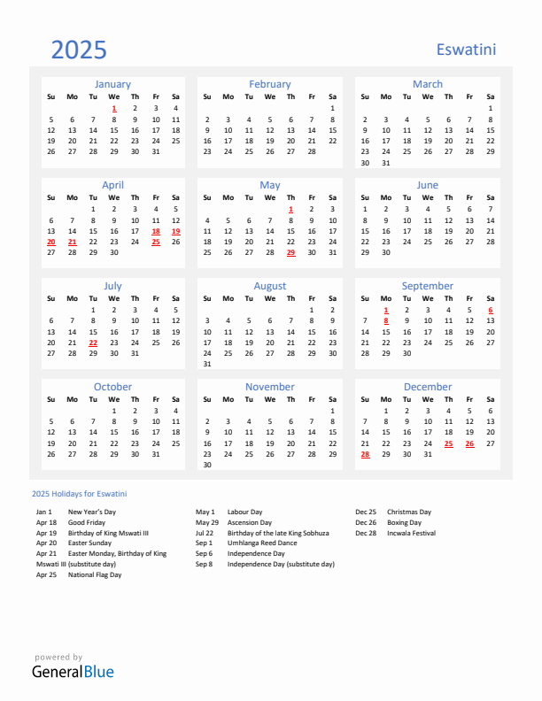 Basic Yearly Calendar with Holidays in Eswatini for 2025 