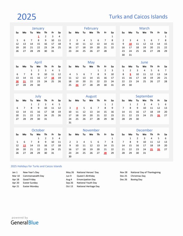 Basic Yearly Calendar with Holidays in Turks and Caicos Islands for 2025 