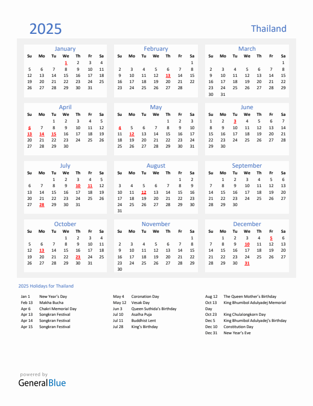 Basic Yearly Calendar with Holidays in Thailand for 2025 