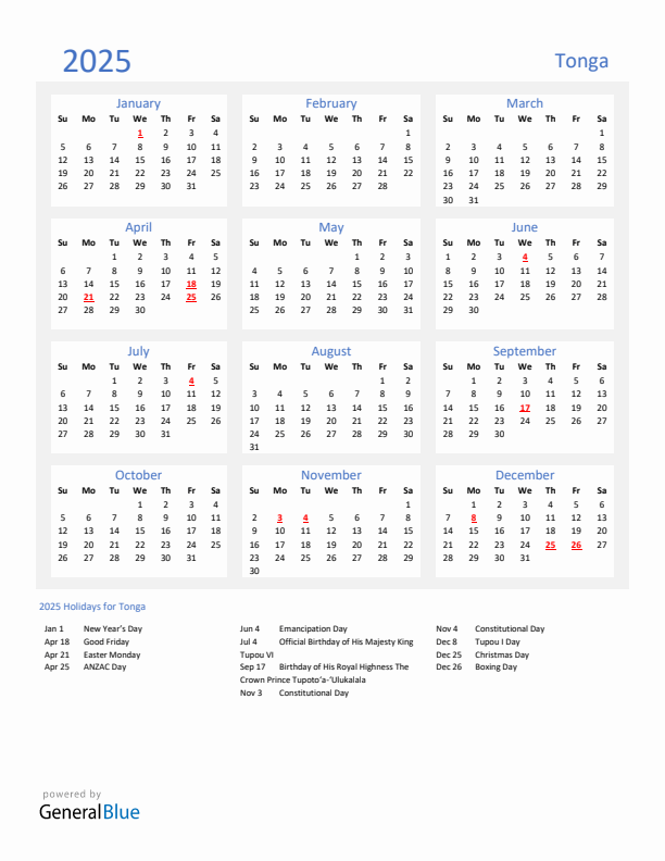 Basic Yearly Calendar with Holidays in Tonga for 2025 