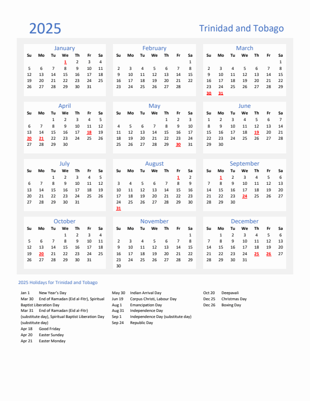 Basic Yearly Calendar with Holidays in Trinidad and Tobago for 2025 