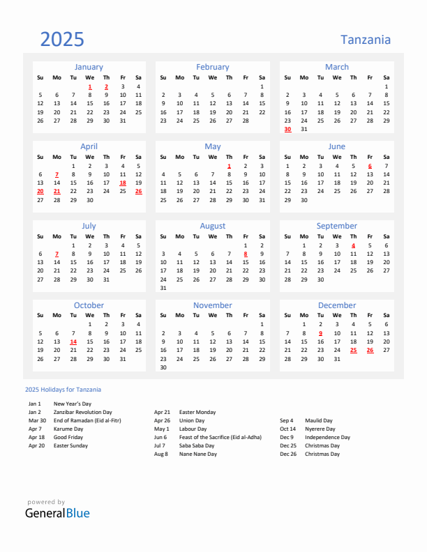 Basic Yearly Calendar with Holidays in Tanzania for 2025