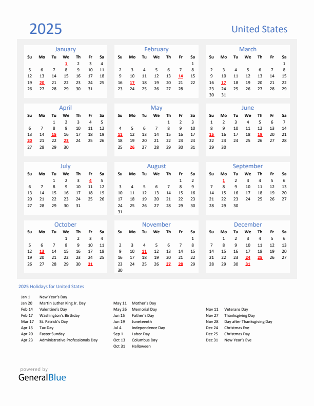 Basic Yearly Calendar with Holidays in United States for 2025